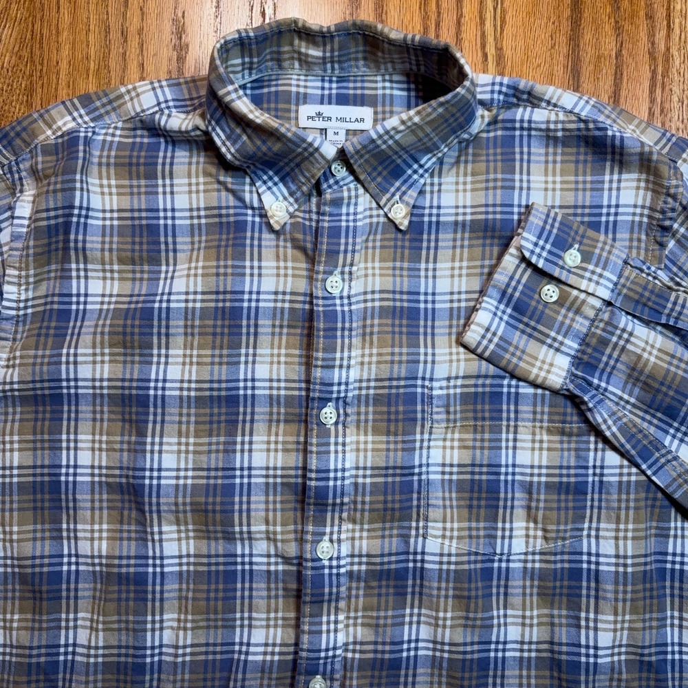 Peter Millar Shirt Mens Med Blue Green Plaid Long Sleeve Button Down Cotton